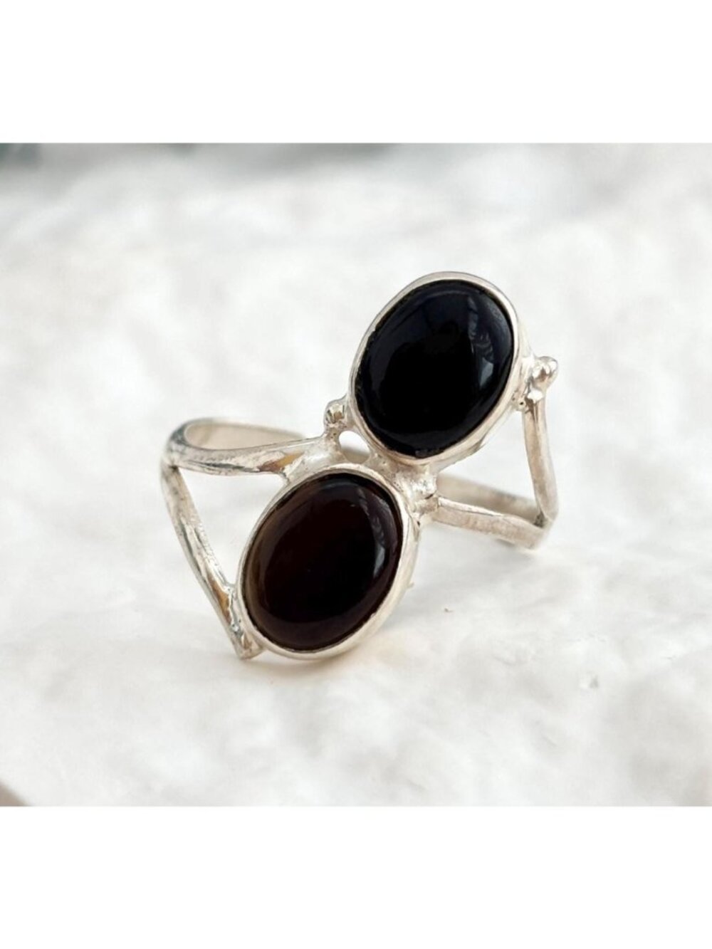 Black Onyx Dual Gemstone Bypass Sterling Silver 925 Vintage Ring - sz 7.25